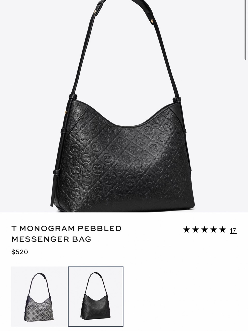 Tory Burch Black T Monogram Pebbled Shoulder Bag